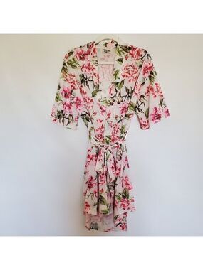 SHOW ME YOUR MUMU 'BRIE' ROBE KIMONO HIGH-LOW FLORAL WHITE PINK WOMENS ONE-SIZE